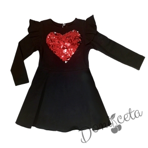 Детска рокля с дълъг ръкав в тъмносиньо с червено сърце от  пайети