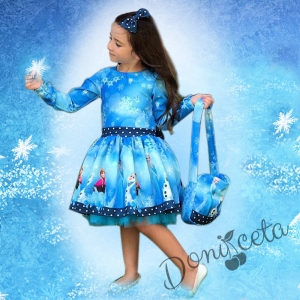 Детска рокля в светлосиньо с Анна и Елза от Замръзналото Кралство в комплект с чантичка