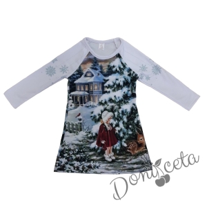 Детска рокля със зимна картинка с момиченце и сърничка