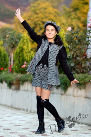 Комплект за момиче от къси панталони, манто и барета в сиво и черно