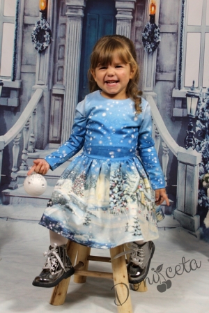 Официална детска рокличка с дълъг ръкав в светлосиньо
