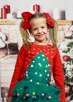 Коледна ватирана детска/бебешка рокля Елхичка с тюл в зелено