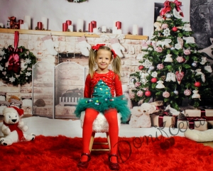 Коледна ватирана детска/бебешка рокля Елхичка с тюл в зелено