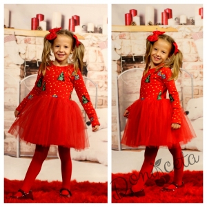 Коледна ватирана детска рокля с тюл в червено и елхички