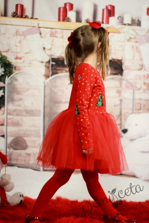 Червена ватирана рокличка с тюл