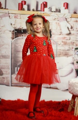 Коледна ватирана детска рокля с тюл в червено и елхички