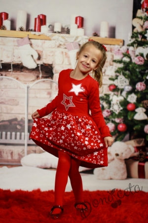 Ватирана детска коледна рокля в червено със звездички