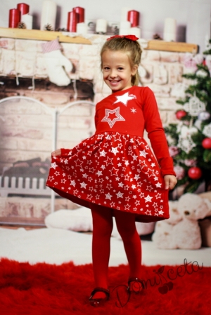 Ватирана детска коледна рокля в червено със звездички