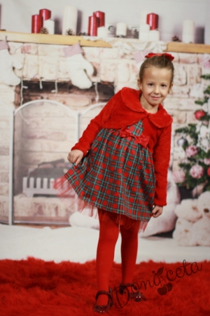 Детска рокля в каре с пухкаво болеро в червено