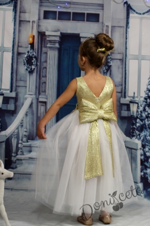 Празнична детска дълга рокля в екрю и златисто 