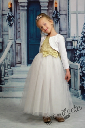 Празнична детска дълга рокля в екрю и златисто с болеро в бяло