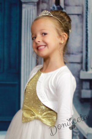 Празнична детска дълга рокля в екрю и златисто с болеро в бяло