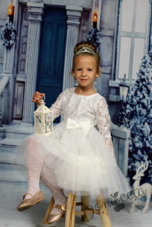 Официална детска рокля с дантела в шампанско и тюл 