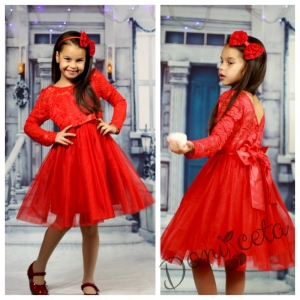 Официална детска рокля с коланче с дълъг ръкав в червено с дантела и тюл, с панделка отзад