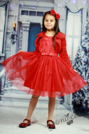 Официална детска рокля с коланче с дълъг ръкав в червено с дантела и тюл с пухкаво болеро