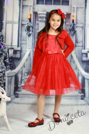 Официална детска рокля с коланче с дълъг ръкав в червено с дантела и тюл с пухкаво болеро