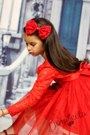 Официална детска рокля с коланче с дълъг ръкав в червено с дантела и тюл с болеро