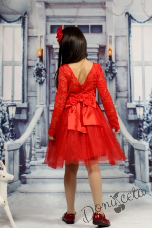 Официална детска рокля с коланче с дълъг ръкав в червено с дантела и тюл с болеро