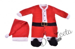 Коледен плюшен гащеризон с шапка - костюм на Дядо Коледа
