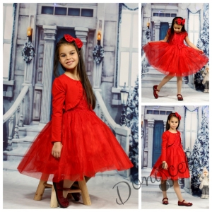 Празнична детска рокля в червено от дантела и тюл с памучно болеро в червено