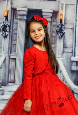 Празнична детска рокля в червено от дантела и тюл с памучно болеро в червено