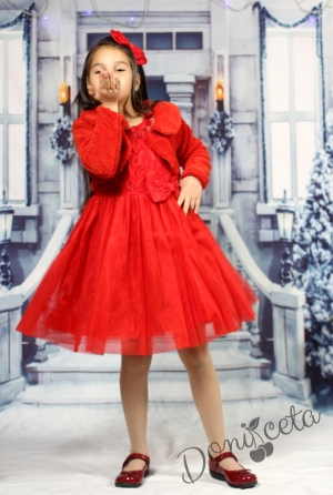 Празнична детска рокля в червено  от дантела и тюл с пухкаво болеро в червено