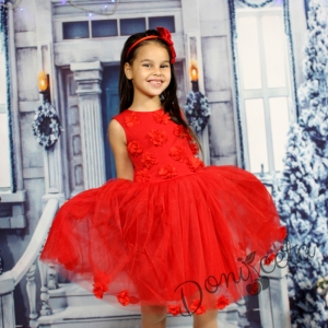 Празнична/официална детска рокля в червено с 3D розички 