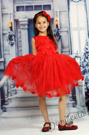 Коледна червена рокличка с 3D рози
