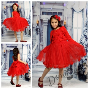 Празнична/официална детска рокля в червено с 3D розички  с болеро в червено