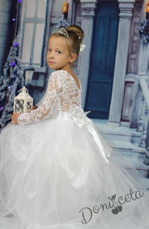 Официална дълга детска рокля в бяло с дълъг ръкав с дантела и тюл Ева