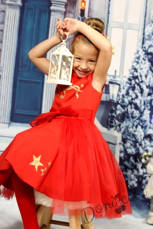 Празнична детска рокля в червено със златисти балеринки и тюл