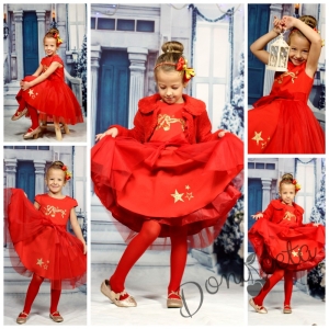 Комплект от детска рокля в червено с тюл с пухкаво болеро