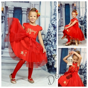 Комплект от детска рокля в червено с тюл с пухкаво болеро