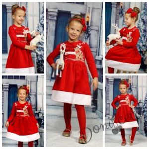 Коледна ватирана детска рокля в червено с еленчета