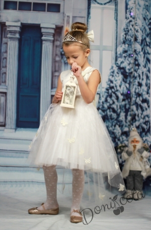 Официална детска рокля в екрю с тюл и шлейф с пеперудки