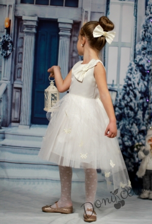 Официална детска рокля в екрю с тюл и шлейф с пеперудки с пихкаво болеро