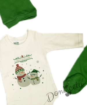 Коледен бебешки комплект от 3 части от боди, ританки и шапка в зелено