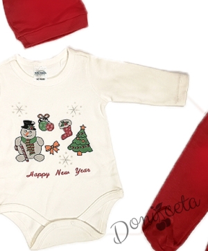 Коледен бебешки комплект от 3 части от боди, ританки и шапка в червено