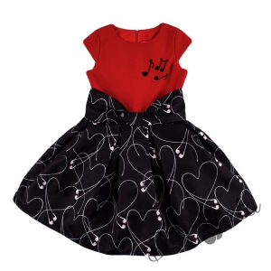 Детска рокля с къс ръкав с ноти в червено и черно