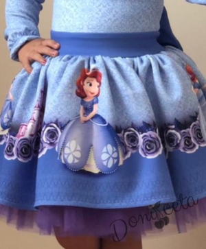Детска рокля с дълъг ръкав с принцеса София в светлосиньо в комплект с панделка