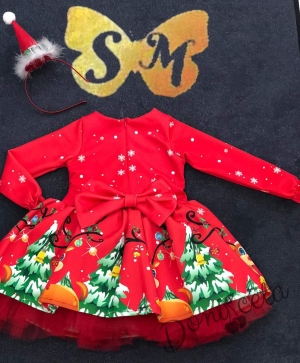 Детска/бебешка рокля с дълъг ръкав с коледни мотиви в червено в комплект с диадема