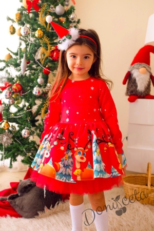 Детска/бебешка рокля с дълъг ръкав с коледни мотиви в червено в комплект с диадема