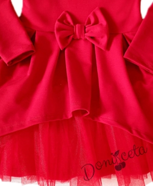 Детска рокля с дълъг ръкав в червено с тюл