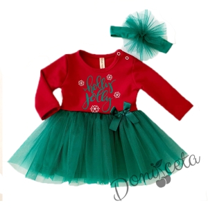 Коледна бебешка рокля в комплект с лента за коса в червено и зелено