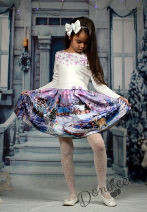 Детска рокля с дълъг ръкав в екрю със зимна кратинка