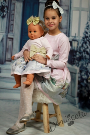 Официална детска рокля с дълъг ръкав в розово със зимна картинка