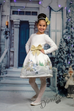 Официална детска рокля с дълъг ръкав в екрю със зимна картинка