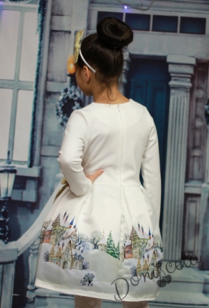 Официална детска рокля с дълъг ръкав в екрю със зимна картинка