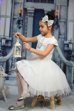 Празнична детска рокля в екрю със сребристи балеринки и тюл с пухкаво болеро