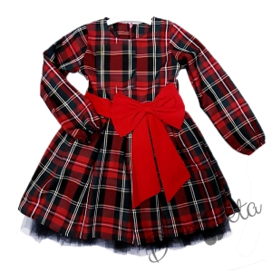 Официална или ежедневна детска рокля с дълъг ръкав в червено каре  с тюл